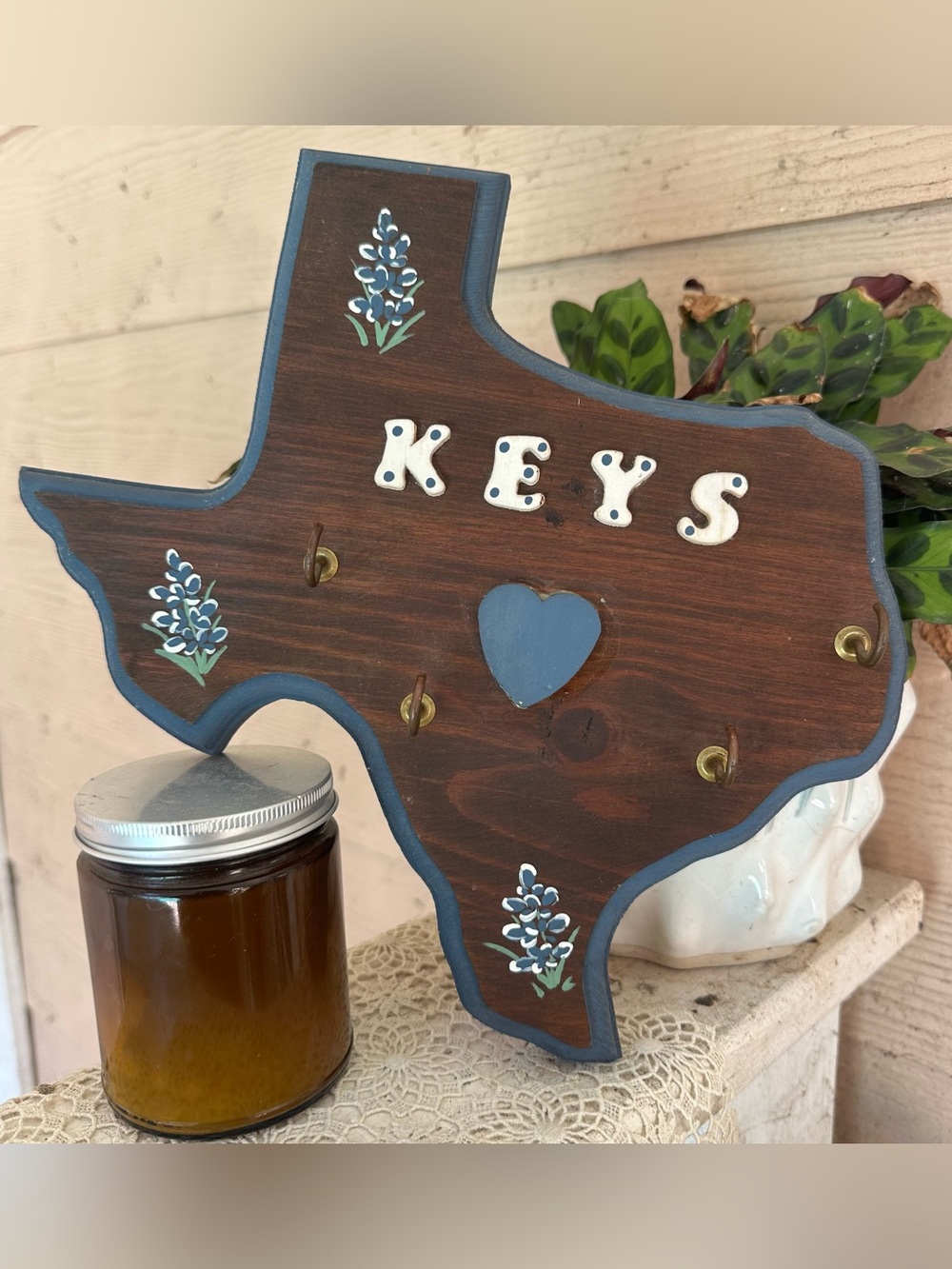 Handcrafted wooden Texas key holder with painted bluebonnet accents & blue heart